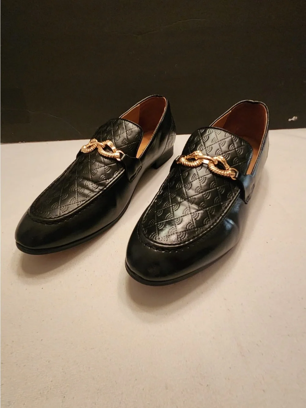 Meijiana Men's Black Quilted Slip-On Loafers with Gold Chain Accent